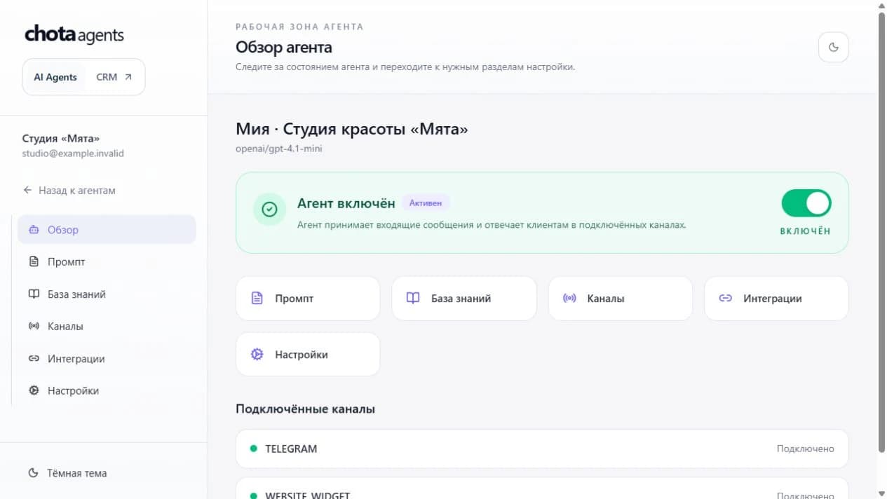 Обзор агента Мия: база знаний, каналы, интеграции и состояние агента